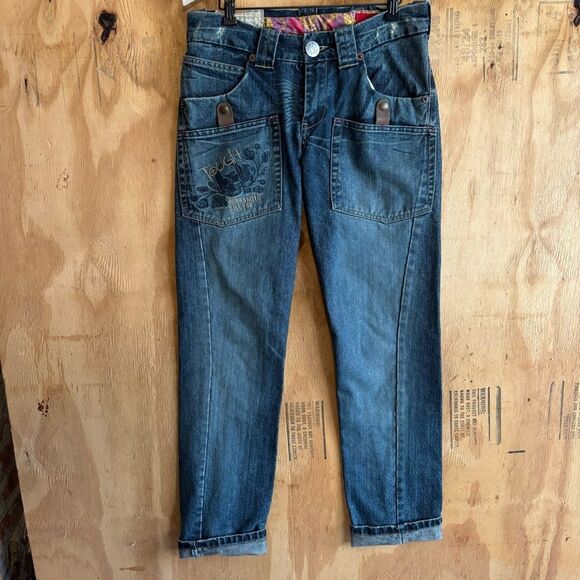 Tough Jeansmith Patch Pocket Skull Embroidery Streetwear‎ Blue Jeans Sz L - Picture 1 of 8